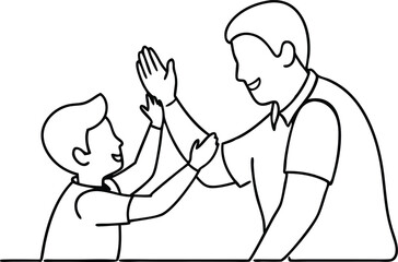 Man high-fiving with his little boy in continuous line art drawing style