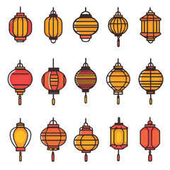 Outline Icon set of cute lantern in Lunar Chinese New Year