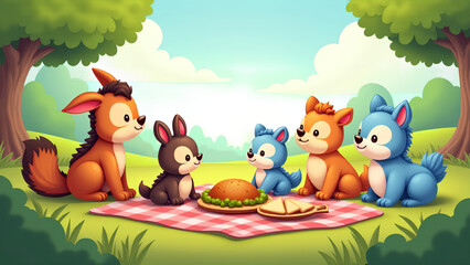 Fototapeta premium Cartoon Animals Enjoying a Picnic in the Meadow