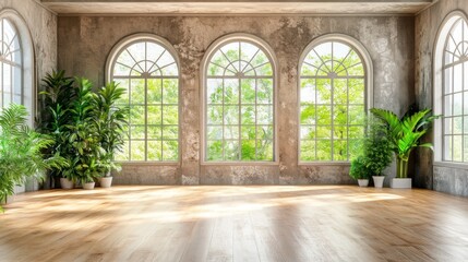 Fototapeta premium Sunlit Greenhouse Room with Lush Greenery and Wooden Floor