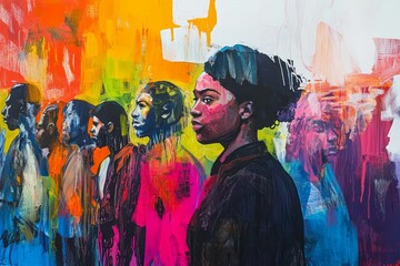 Vibrant abstract painting, colorful figures, expressive brushstrokes.