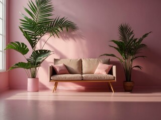 light pink background with shadows from window sunlight and green plants