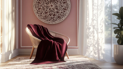 An elegant Scandinavian interior with a modern chair draped in a rich burgundy throw, surrounded by an intricate circular wall carving made of weathered metal, pastel pink walls