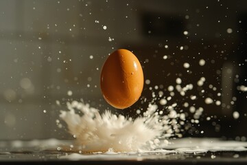 Egg in mid-air amidst dramatic milk splash