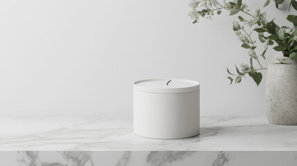 Fototapeta premium Simple white container with a minimalist design sits on a marble surface next to a vase of greenery. The overall aesthetic is clean and serene.