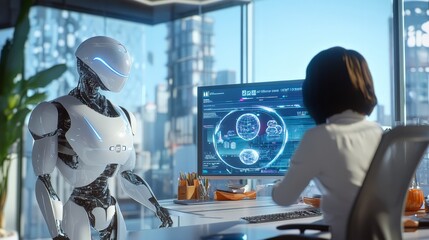 Fototapeta premium AI Helping Humans Analyze Data in a Futuristic Office.