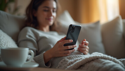 Fototapeta premium Young woman relaxes on cozy couch while using smartphone during afternoon light