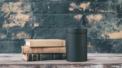 Naklejka premium A black container sits next to a stack of old books against a textured brick wall. The scene is dark and moody, with a vintage feel.