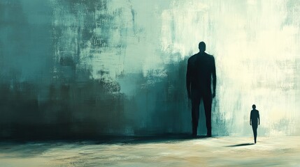 Fototapeta premium A contrasting depiction of a large shadowy figure looming over a smaller person, symbolizing fear.