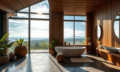 Modern bathroom with wooden accents and plants Japandi interior design interior design japandi style modern