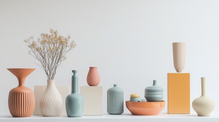 Fototapeta premium A high-resolution image of retro home decor items in muted colors on a white background.--ar 16:9