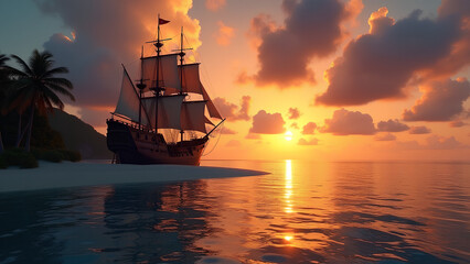 Fototapeta premium Sailing Ship Anchored at Tropical Sunset
