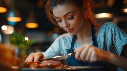 Fototapeta premium Woman Enjoying Delicious Steak Dinner at a Cozy Restaurant