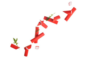 Tasty crab sticks and arugula leaves flying on white background © Pixel-Shot