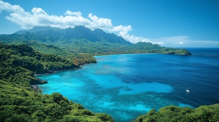 Tropical Island Coastline With Lush Green Mountains And Turquoise Waters