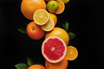 Different citrus fruits with leaves on black background