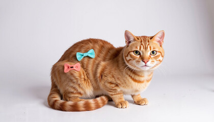 Obraz premium Adorable ginger cat with colorful bows on its back, posing playfully against a white background