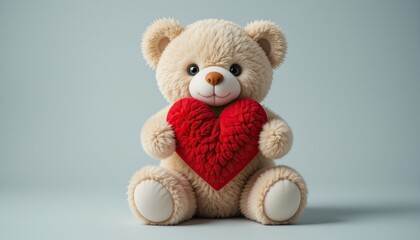 Fototapeta premium A cute teddy bear holding a red heart, symbolizing love and affection, perfect for gifts and sentimental occasions.