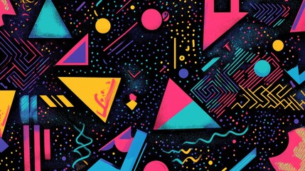 A vibrant abstract design featuring geometric shapes and bright colors on a dark background.