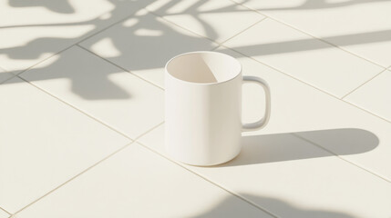 A simple white mug sits on a bright white tiled surface, bathed in soft sunlight.  The scene is minimalist and serene.