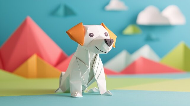 Creative origami dog art whimsical studio paper craft bright environment close-up playful concept