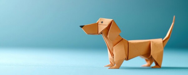 Fototapeta premium Creative origami dachshund dog model studio setup photography colorful background artistic perspective