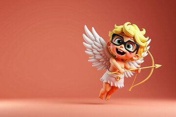 Playful Cupid aiming with a golden bow and arrow, sporting glasses and a radiant smile, floating on a peach backdrop. 3d render illustration. Valentine's day