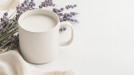 A serene image of a mug filled with milk, accompanied by a delicate bouquet of lavender. Soft whites and purples create a calming mood.