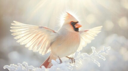 Obraz premium Cardinal bird in winter wonderland snowy landscape nature ethereal environment serene viewpoint radiant beauty