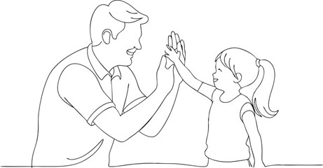 Man high-fiving with his little daughter in continuous line art drawing style