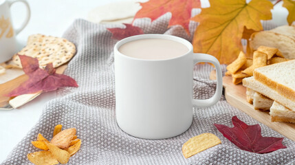 Cozy autumn scene with a mug of warm beverage,  crackers, and autumn leaves. Perfect for a chilly day!