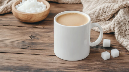 Warm coffee in a white mug on a rustic wooden table. Sugar cubes and a cozy knitted blanket complete the scene. Perfect for a chilly day!