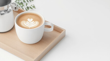 A cup of latte art coffee sits on a wooden tray, next to a coffee maker. The scene is minimalist and serene.