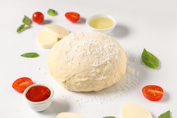 Raw dough and ingredients for preparing pizza with mozzarella on white background