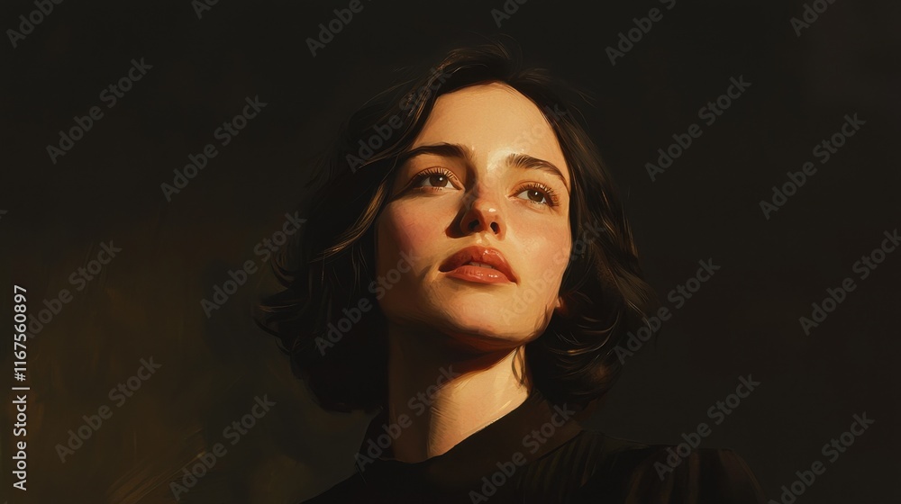 Poster captivating portrait of a woman in dim light studio setting hyperrealistic art emotional expression 
