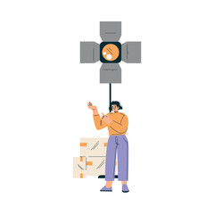 Woman Standing at Lamp at Shooting Film Movie Production Scene Vector Illustration