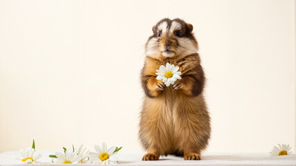 Obraz premium Groundhog holding spring flower, daisy in hands, paws. Feeling and looking happy, relaxed. Groundhog Day celebration