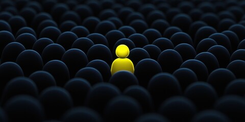 Obraz premium Lone yellow figure amidst black spheres digital art abstract environment concept of isolation and identity