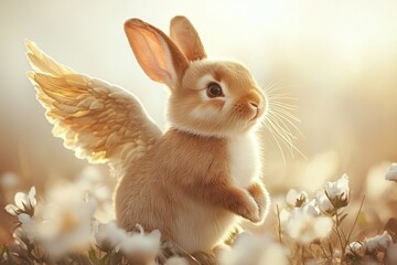 Bunny with angel wings hopping through spring flowers nature wildlife bright environment close-up concept