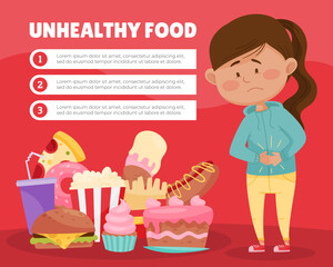 Sick Girl Feel Unwell After Eat Unhealthy Food Banner Design Vector Template