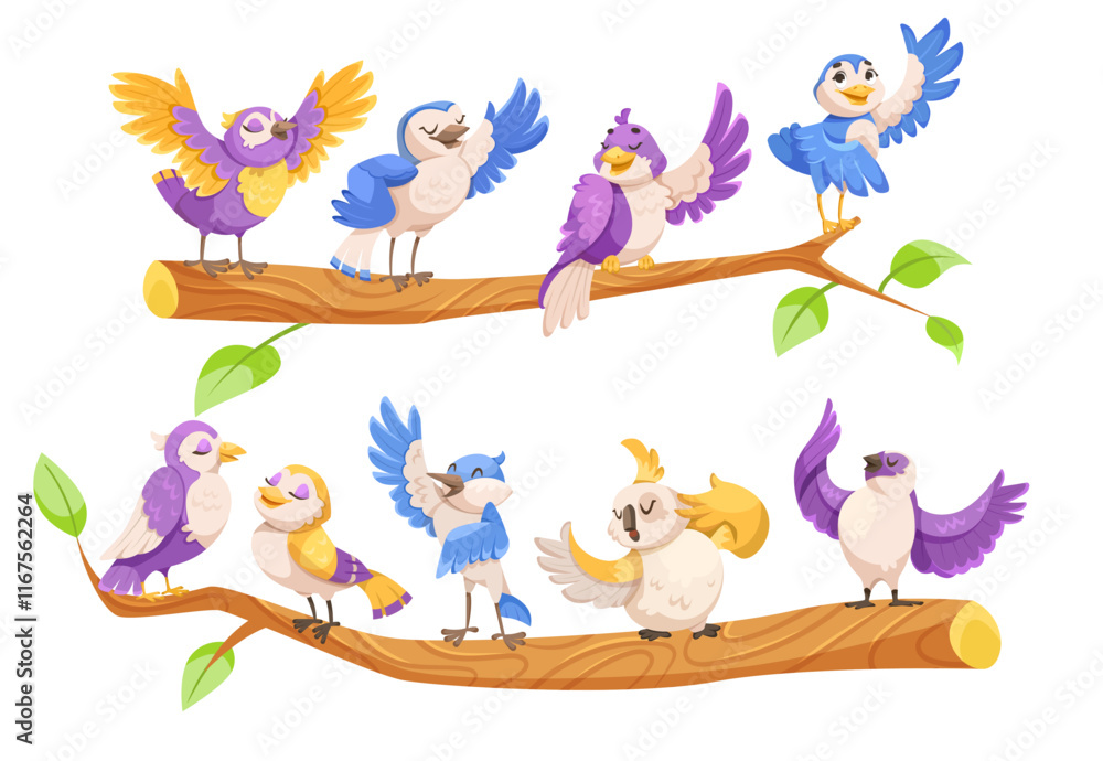 Poster singing birds perching on tree branch vector set