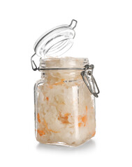 Jar with tasty fermented cabbage on white background. Closeup