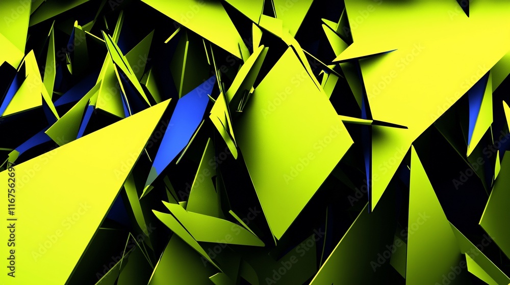 Poster abstract chaotic composition of sharp lime and blue triangles.