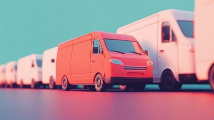 A Line of Delivery Vans: Red Van Leading the Way