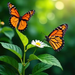 Fototapeta premium Vibrant monarch butterflies on lush green foliage, summer, texture, leaf