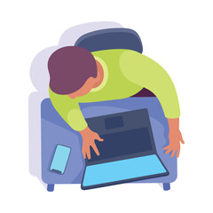 Sitting Man Office Worker on Chair at Table Above View Vector Illustration