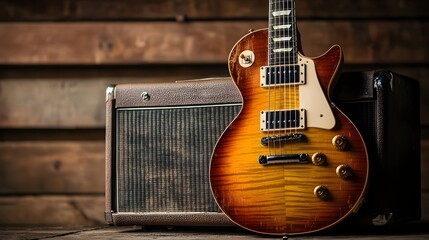 Fototapeta premium Electric Guitar and Amplifier on Wooden Surface