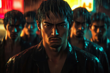 Group of yakuza under a rain-soaked neon cityscape, their serious expressions conveying mystery and danger.
