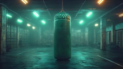 A boxing ring with a green punching bag in the center