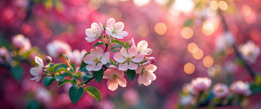 Kwitnące r&oacute;żowe kwiaty na żywym tle bokeh
